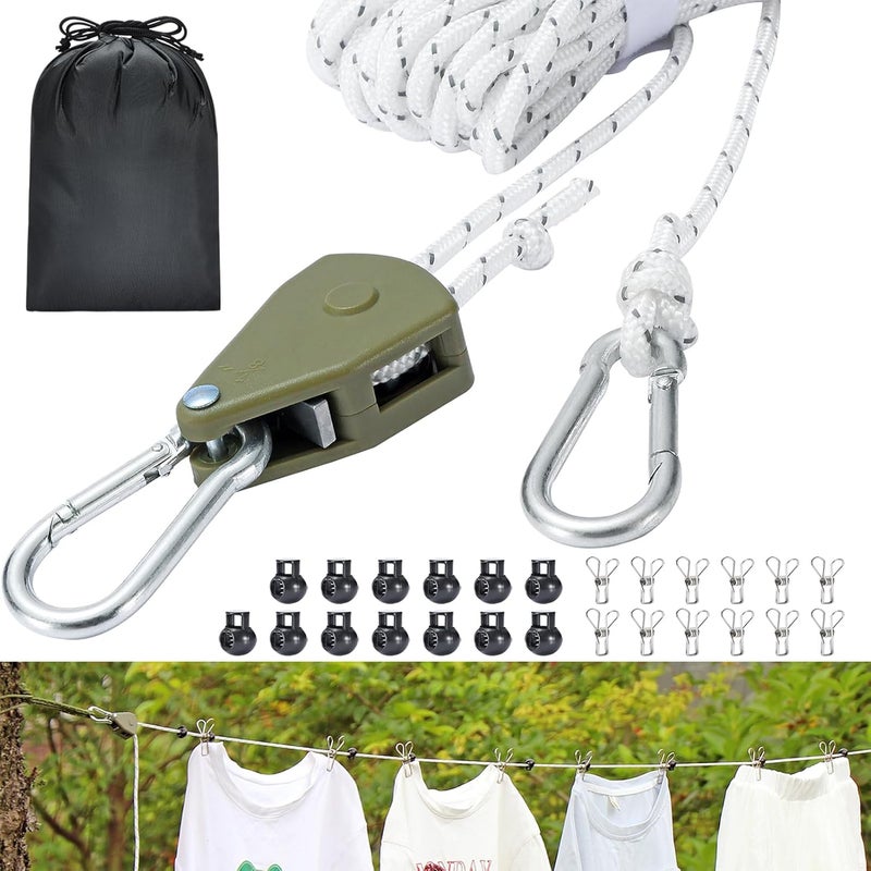 Harqa Retractable Travel Clothesline, 19FT Adjustable Heavy-Duty Line with Reflective Pulley System, Stainless Hooks & Clips – Portable for Camping, Cruise, Hotel, Balcony & Outdoor Laundry (Army Green) - Image 1